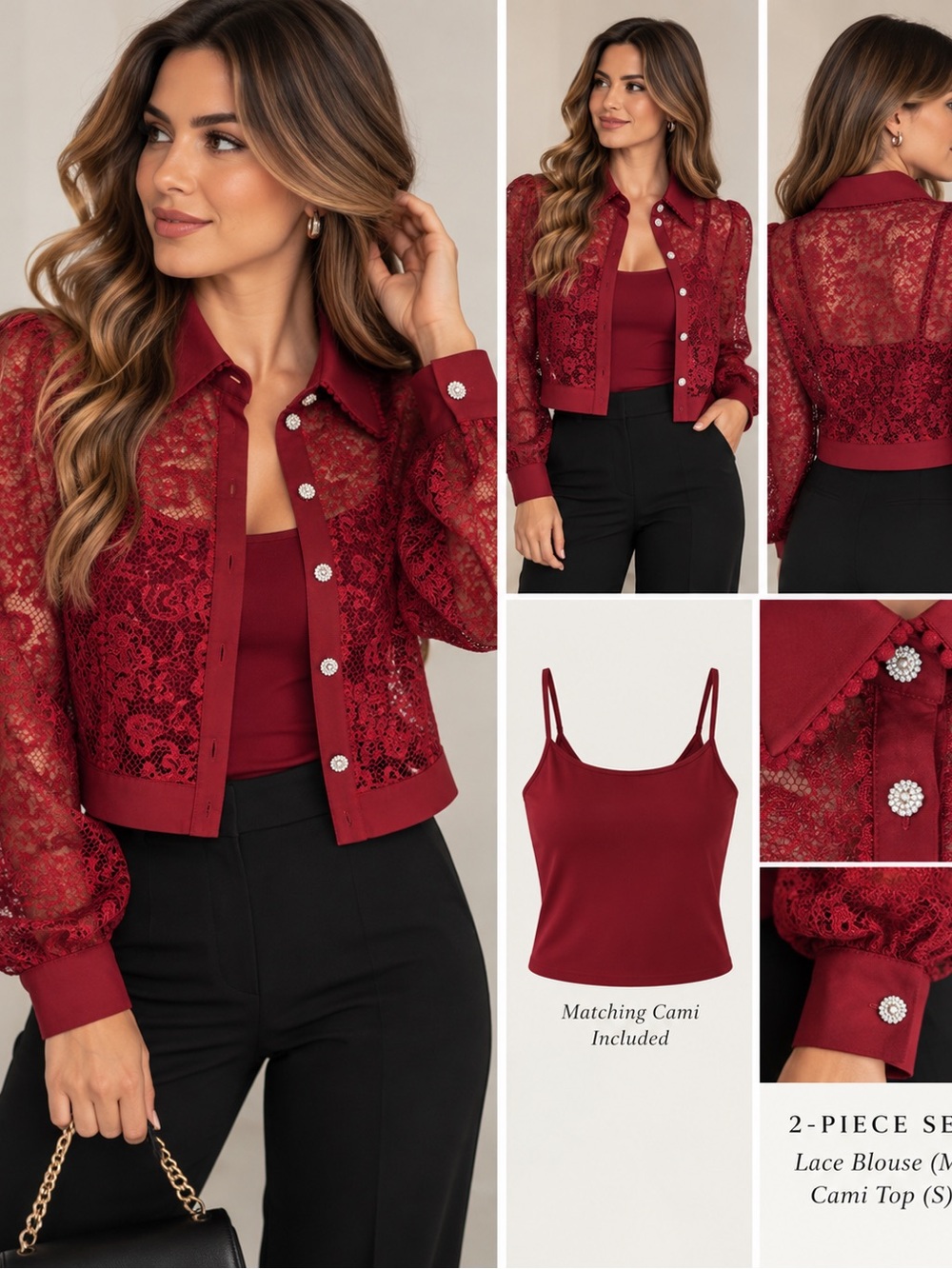 Red Lace Button-Front Cropped Blouse